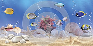 3D Aquarium landscape with various tropical fishes in underwater High quality illustration.