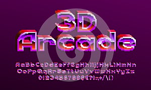 3D Arcade alphabet font. Pixel letters, numbers and punctuations.