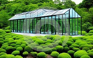 A 3D architectural concept rendering of a glass house in a lush green yard