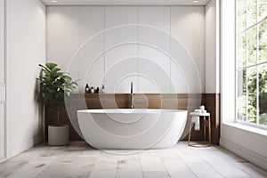3d architecture white home house interior luxury bathtub modern bathroom wood. Generative AI.