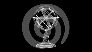 3D armillary sphere on black bg. Object dissolved flickering particles. Scientific historical concept. For title, text