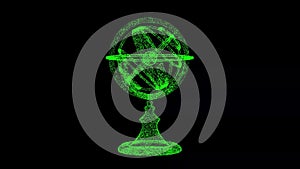 3D armillary sphere rotates on black bg. Object dissolved flickering particles. Scientific historical concept. For title