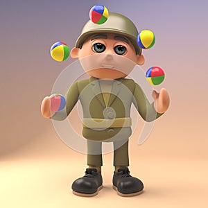3d army soldier character juggling multi coloured juggling balls, 3d illustration
