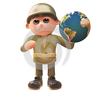 3d army soldier character in uniform holding a globe of the Earth, 3d illustration