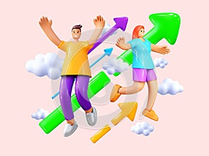 3D arrow people. Business growth and development. Trade rise up icon. Graphic sale chart. Render happy man and woman