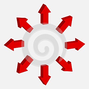 3d arrow sign vector. Right, down, up and down symbol. Red pointer collection