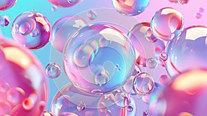 3D art background with holographic liquid blobs, soap bubbles, and metaballs.