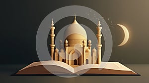 3D art depicts an Islamic mosque or masjid atop a book or Quran, Ai GeneratedArt