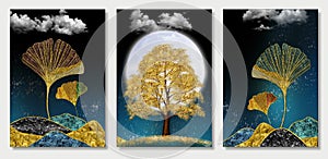 3d art mural wallpaper with dark blue background, golden christmas tree leaves, mountains, moon in the sky. For canvas use as a fr