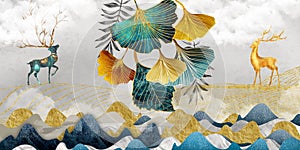 3d art mural wallpaper with light gray background, golden, turquoise, blue ginkg leaves, mountains, deer and clouds in the sky