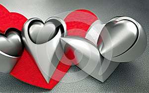 3D artistic silver metal heart shaped forms on red wrinkled cardboard and silver sandblast background, created with Generative AI