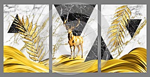 3d artwork canvas wall decor. black and white marble, golden wavy shapes, deer and tree branches leaf.