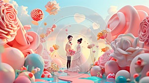 3d Asian bride and groom in the pink flower garden. Getting married. Background for wedding landings