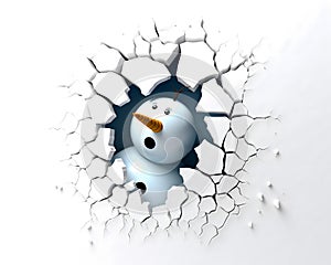 3D astonished funny snowman looking out of hole crack in ice white background.