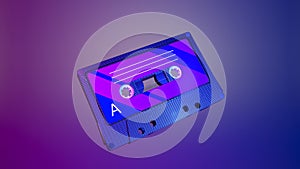 3d audio cassette with tape. Vintage audio cassette with retro music from the 80s and 90s on a neon colored background