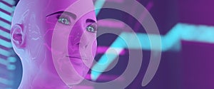 3d Avatar woman - face close up of virtual reality android looking forward to the future on a purple and blue background