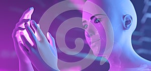 3d Avatar woman - face and hands close up of virtual reality robot holding a light on her hands on a purple and blue background.