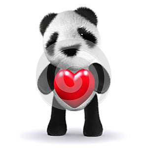 3d Baby panda bear hugs a heart