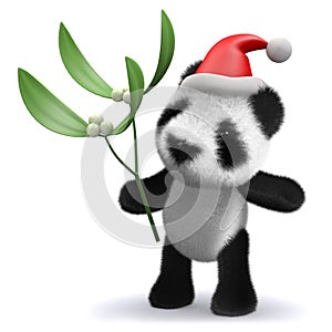 3d Baby panda bear with mistletoe and Santa hat