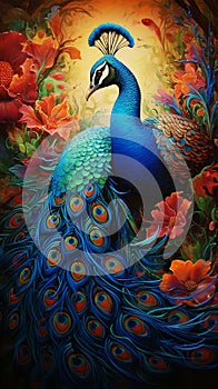 3d background colorful peacock with flowers