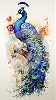 3d background colorful peacock with flowers