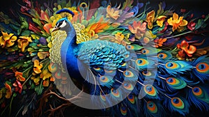 3d background colorful peacock with flowers