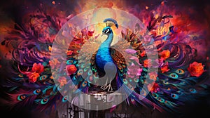 3d background colorful peacock with pink flowers