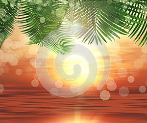 3D background of ferns on sunset ocean background