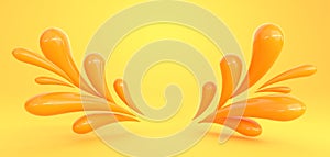 3D background, flying splash or liquid drops on studio yellow backdrop. Orange droplets of juice, oil or honey, fluid