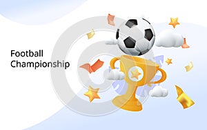 3D background with football ball and golden cup. Sports championship creative background, FIFA, UEFA football