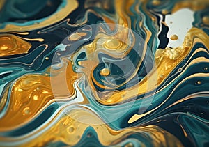 3d background, liquid marble gold paint marbling wavy abstract golden and turquoise textured paint swirl background