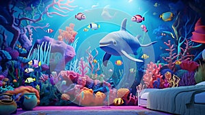 3D background view of an underwater world teeming with friendly dolphins, colorful