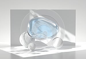 3D background, white round spheres with blue liquid or water drop. Abstract geometric shapes on studio backdrop with