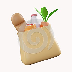 3D Bag of healthy food, Organic fresh and natural food. Grocery delivery concept.