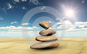 3D balancing pebbles on sand against a sunny sky