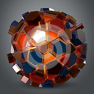 3d ball of shards of glass in red and blue on grey background. 3d rendering