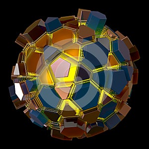 3d ball of shards of glass in yellow and blue on black background. 3d rendering