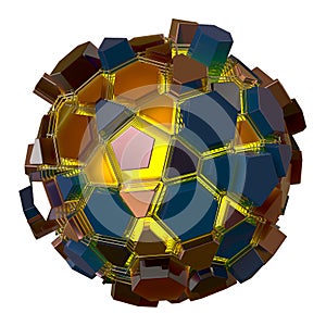 3d ball of shards of glass in yellow and blue on a white background. 3d rendering