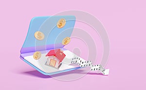 3d bank account open book, passbook with house, dollar money coins isolated on pink background. invoice, electronic bill, saving