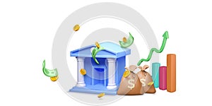 3D bank building with money bag and falling gold coin and paper green dollars. Chart with growth arrow on background