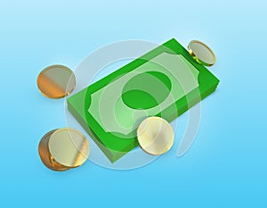 3D banknotes and coins., 3D illustration, rendering.,Business design element for banner or poster., Money pack in 3D realistic