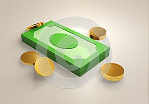 3D banknotes and coins., 3D illustration, rendering.,Business design element for banner or poster., Money pack in 3D realistic