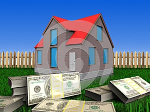 3d banknotes over lawn and fence