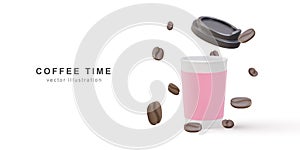 3d banner with open realistic paper coffee cup and coffee beans on a white background. Vector illustration