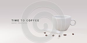 3d banner with realistic paper coffee cup, sugar stick and coffee beans on a grey background. Vector illustration
