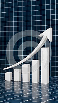 3D bar chart with white arrow on blue grid background symbolizes growth