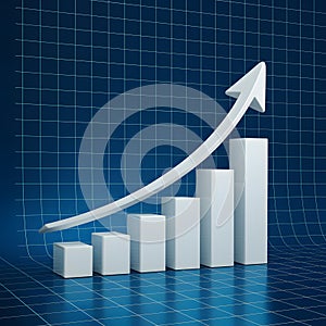 3D bar chart with white arrow on blue grid background symbolizes growth