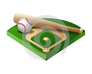 3d baseball base, field part with bat and ball