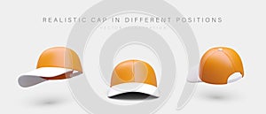 3D baseball cap in different positions. Front, side, back view. Modern cap with white visor