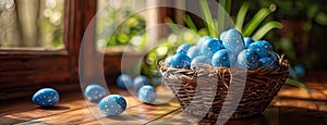 3d basket filled with blue eggs on wooden floor, in the style of shaped canvas. Generative AI
